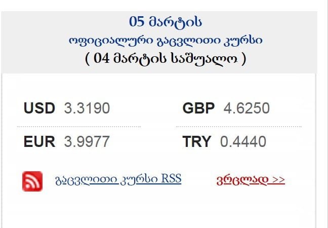 1 აშშ დოლარის ოფიციალური ღირებულება 3.3190 ლარი გახდა