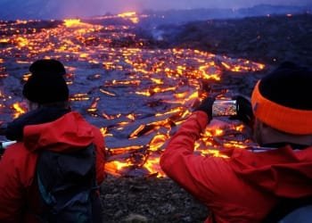 GELDINGADALUR, ICELAND - MARCH 21: A view of volcano eruption in Geldingadalur on the Reykjanes peninsula in Iceland on March 21, 2021. (Photo by Anton Brink/Anadolu Agency via Getty Images)