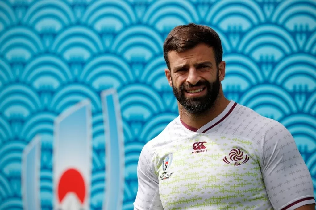 Georgia's centre Davit Kacharava walks out of the tunnel for the Captain's Run training session at the Shizuoka Stadium Ecopa in Shizuoka on October 10, 2019, during the Japan 2019 Rugby World Cup. (Photo by Adrian DENNIS / AFP) (Photo by ADRIAN DENNIS/AFP via Getty Images)
