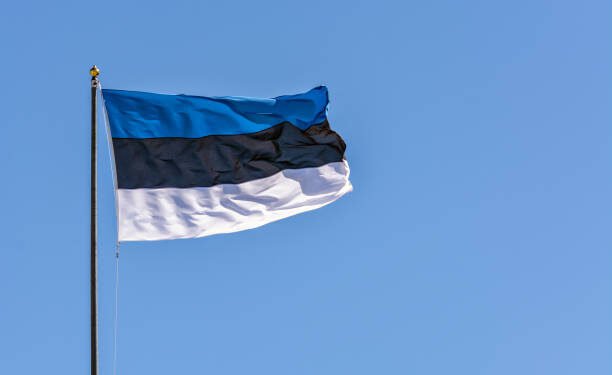 Estonian flag on the flagpole, waving in the wind against a blue sky.